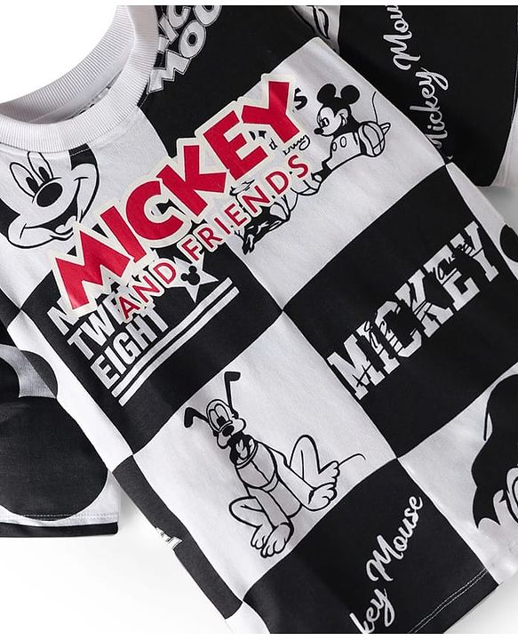 Pine Kids Disney Terry Knit Half Drop Shoulder Sleeves Oversized T-Shirt with Mickey Mouse Gel Print - Black & White