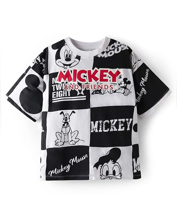 Pine Kids Disney Terry Knit Half Drop Shoulder Sleeves Oversized T-Shirt with Mickey Mouse Gel Print - Black & White