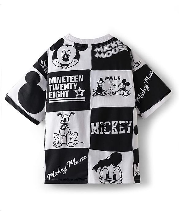 Pine Kids Disney Terry Knit Half Drop Shoulder Sleeves Oversized T-Shirt with Mickey Mouse Gel Print - Black & White