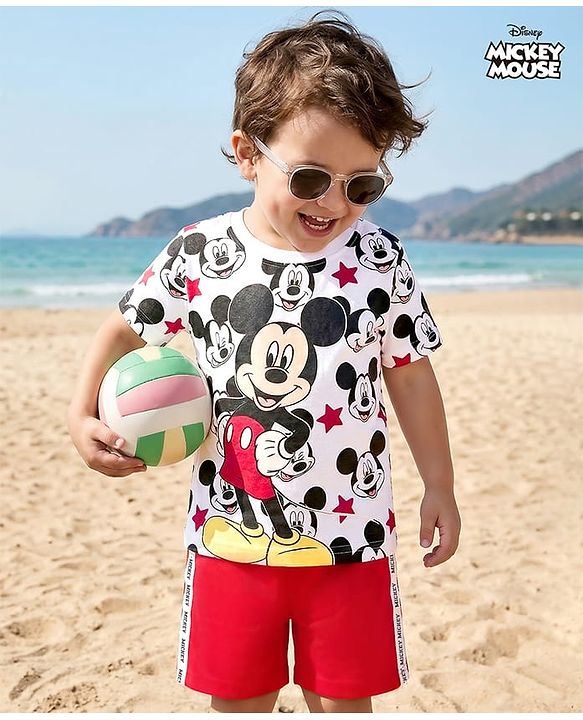 Babyhug Disney Single Jersey Knit  Half Sleeve Shorts Night Suit With Mickey Mouse Graphic - Red & White