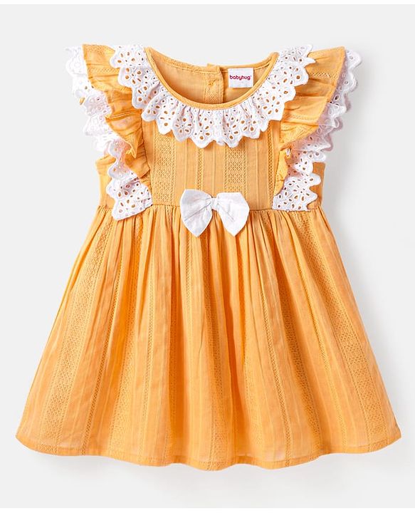 Babyhug Cotton Woven Half Frill Sleeves Frock with Bow Applique & Lace Detailing - Orange