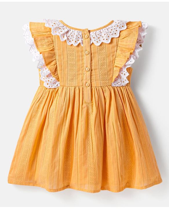Babyhug Cotton Woven Half Frill Sleeves Frock with Bow Applique & Lace Detailing - Orange