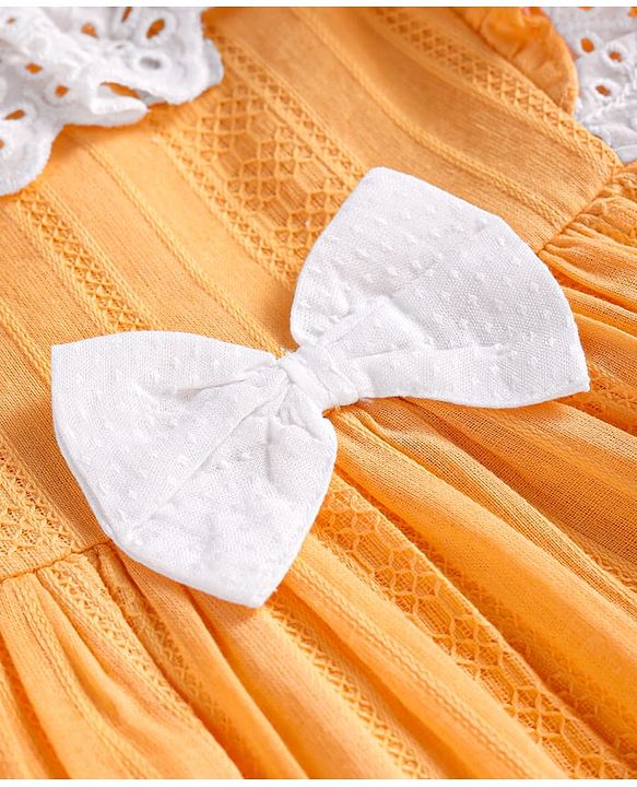 Babyhug Cotton Woven Half Frill Sleeves Frock with Bow Applique & Lace Detailing - Orange