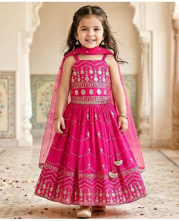 Babyhug Sleeveless Floral Sequenced Embroidered Choli Lehenga & Dupatta Set with Tassel Detailing - Dark Pink