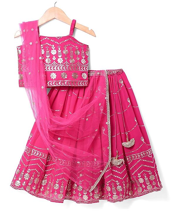 Babyhug Sleeveless Floral Sequenced Embroidered Choli Lehenga & Dupatta Set with Tassel Detailing - Dark Pink