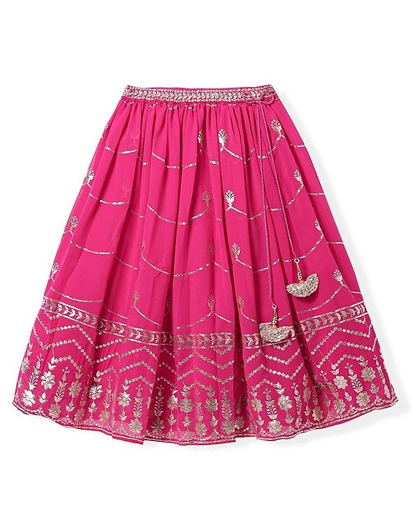 Babyhug Sleeveless Floral Sequenced Embroidered Choli Lehenga & Dupatta Set with Tassel Detailing - Dark Pink