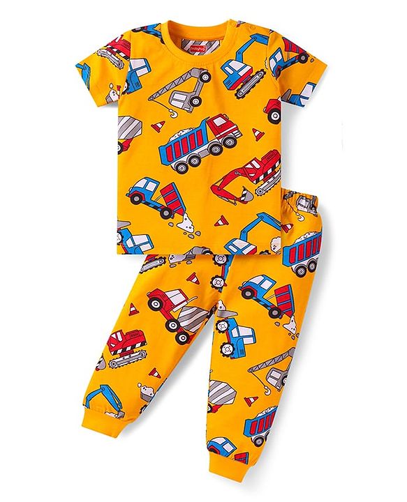 Babyhug Cotton Knit Half Sleeves Night Suit with Vehicle Print - Yellow