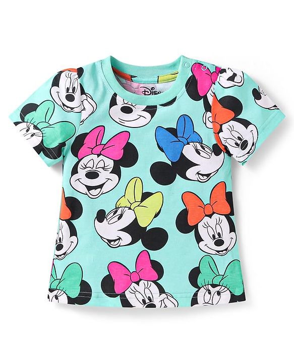 Babyhug Disney Single Jersey Knit Half Sleeves Co-ords Shorts Night Suit with Minnie Mouse Graphics - Turquoise