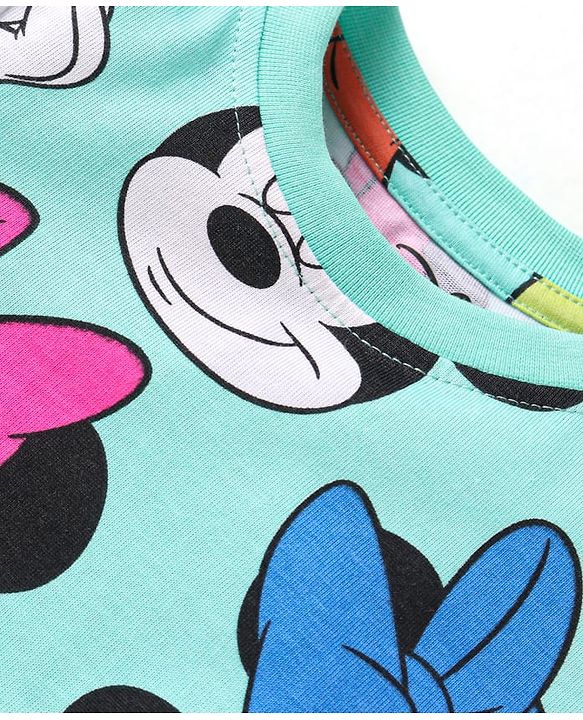 Babyhug Disney Single Jersey Knit Half Sleeves Co-ords Shorts Night Suit with Minnie Mouse Graphics - Turquoise