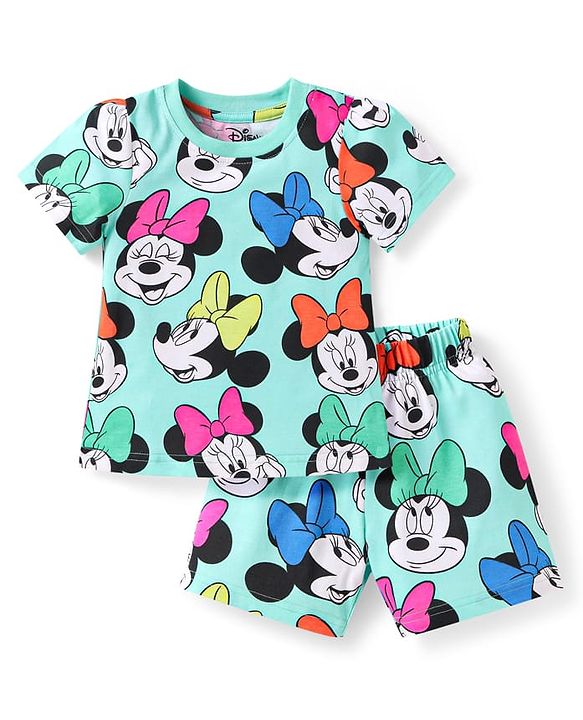 Babyhug Disney Single Jersey Knit Half Sleeves Co-ords Shorts Night Suit with Minnie Mouse Graphics - Turquoise
