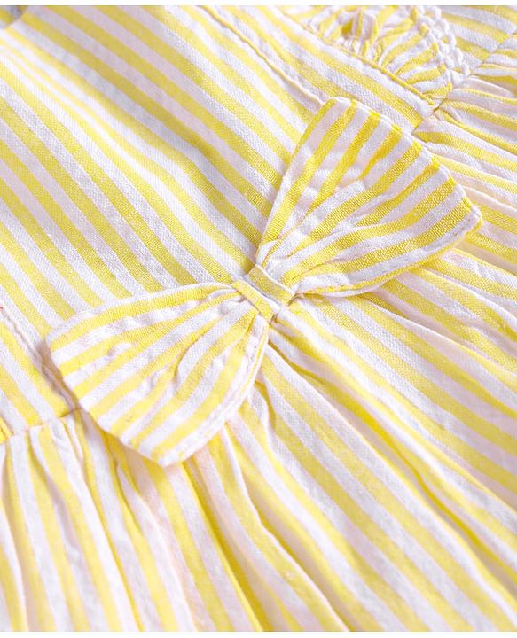 Babyhug Seersucker Frill Sleeves Striped Frock With Bow Applique - Yellow