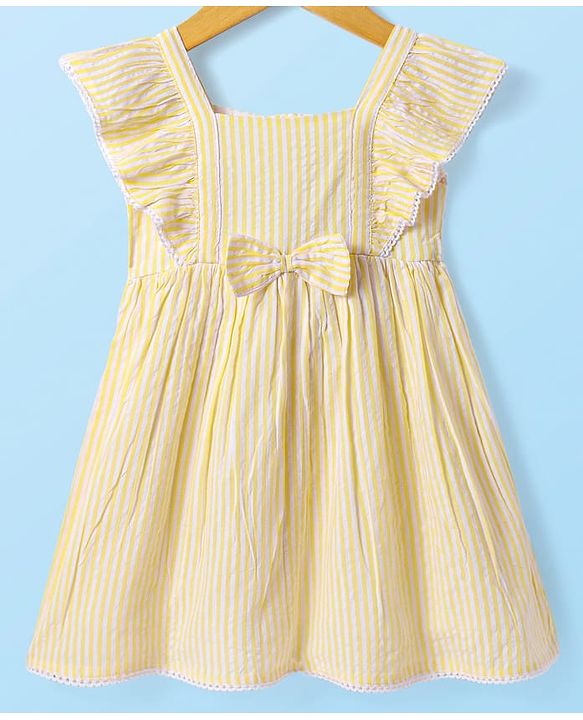 Babyhug Seersucker Frill Sleeves Striped Frock With Bow Applique - Yellow