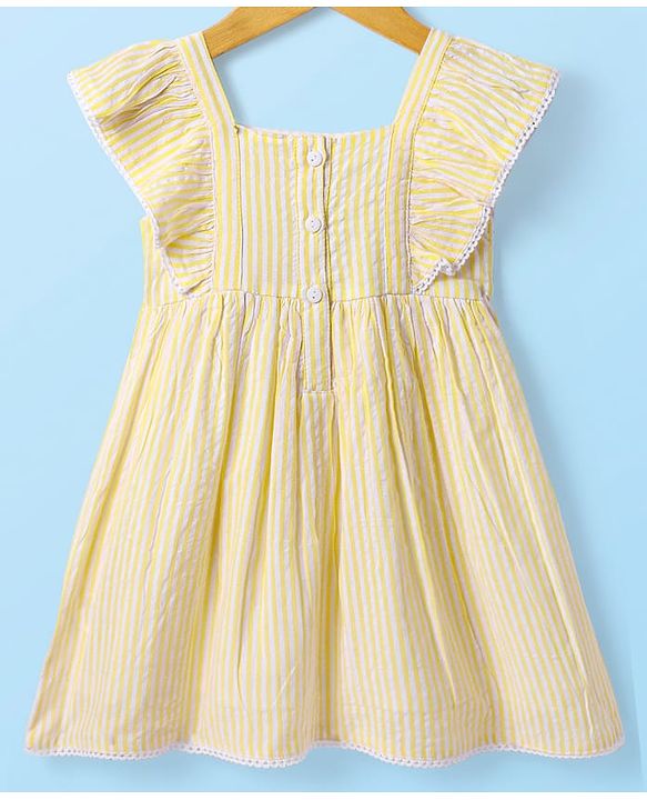 Babyhug Seersucker Frill Sleeves Striped Frock With Bow Applique - Yellow