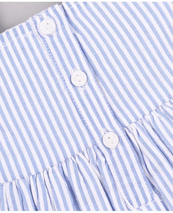 Babyhug Single Jersey Knit Sleeveless Frock with Stripes Bow Applique & Lace Detailing - White & Light Blue