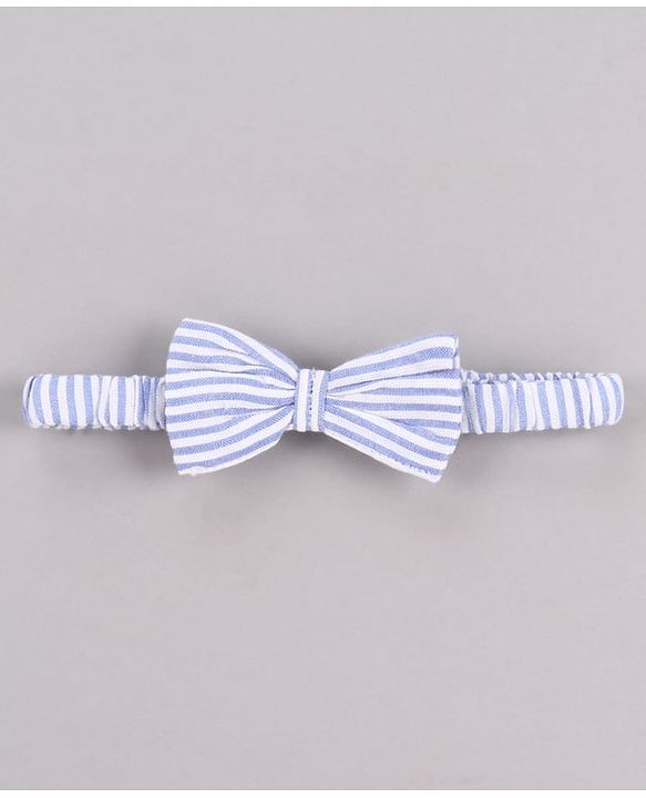Babyhug Single Jersey Knit Sleeveless Frock with Stripes Bow Applique & Lace Detailing - White & Light Blue