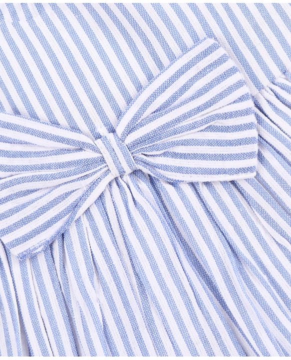 Babyhug Single Jersey Knit Sleeveless Frock with Stripes Bow Applique & Lace Detailing - White & Light Blue