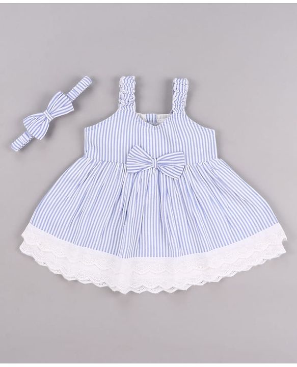 Babyhug Single Jersey Knit Sleeveless Frock with Stripes Bow Applique & Lace Detailing - White & Light Blue