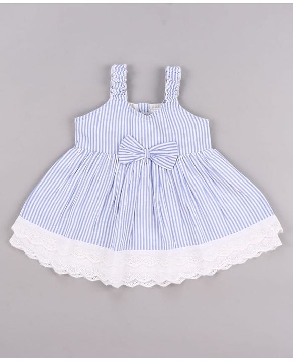 Babyhug Single Jersey Knit Sleeveless Frock with Stripes Bow Applique & Lace Detailing - White & Light Blue