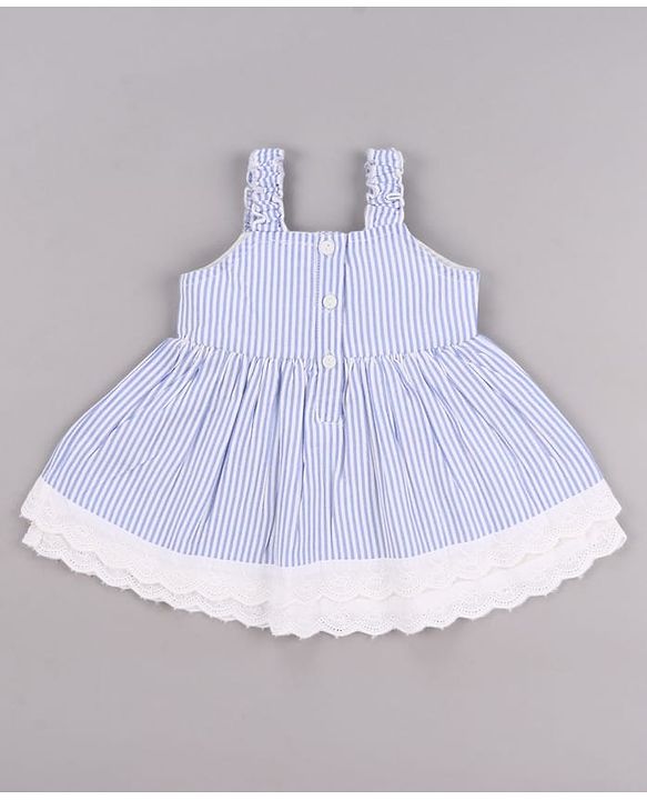 Babyhug Single Jersey Knit Sleeveless Frock with Stripes Bow Applique & Lace Detailing - White & Light Blue