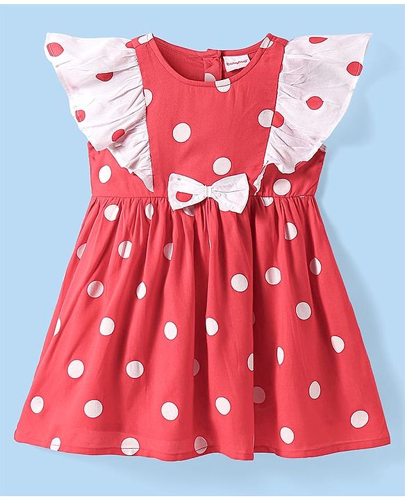 Babyhug Cotton Woven Flutter Sleeves Frock With Polka Dot Print & Bow Applique - Red