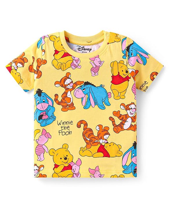 Babyhug Disney Single Jersey Knit Half Sleeves Co-ords Shorts Night Suit with Winnie & Friends Graphics - Yellow