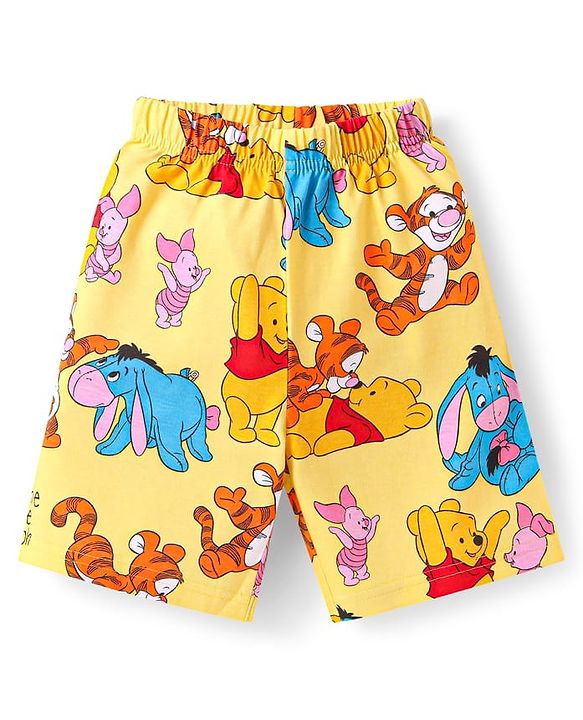 Babyhug Disney Single Jersey Knit Half Sleeves Co-ords Shorts Night Suit with Winnie & Friends Graphics - Yellow
