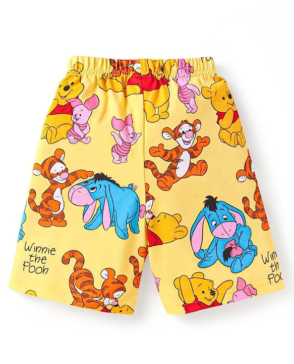 Babyhug Disney Single Jersey Knit Half Sleeves Co-ords Shorts Night Suit with Winnie & Friends Graphics - Yellow