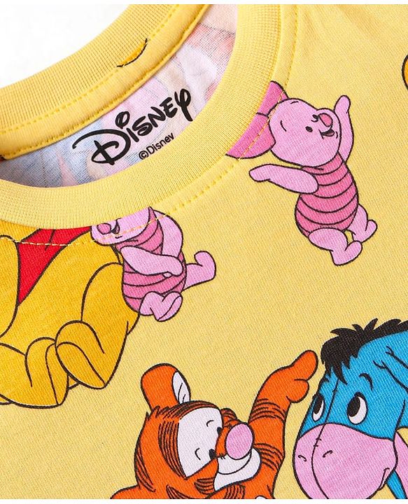 Babyhug Disney Single Jersey Knit Half Sleeves Co-ords Shorts Night Suit with Winnie & Friends Graphics - Yellow