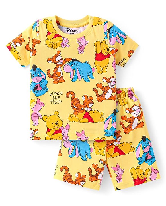 Babyhug Disney Single Jersey Knit Half Sleeves Co-ords Shorts Night Suit with Winnie & Friends Graphics - Yellow