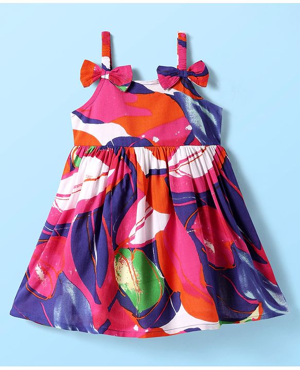 Babyhug Cotton Woven Sleeveless Dress With Leaf Print & Bow Applique - Multicolor