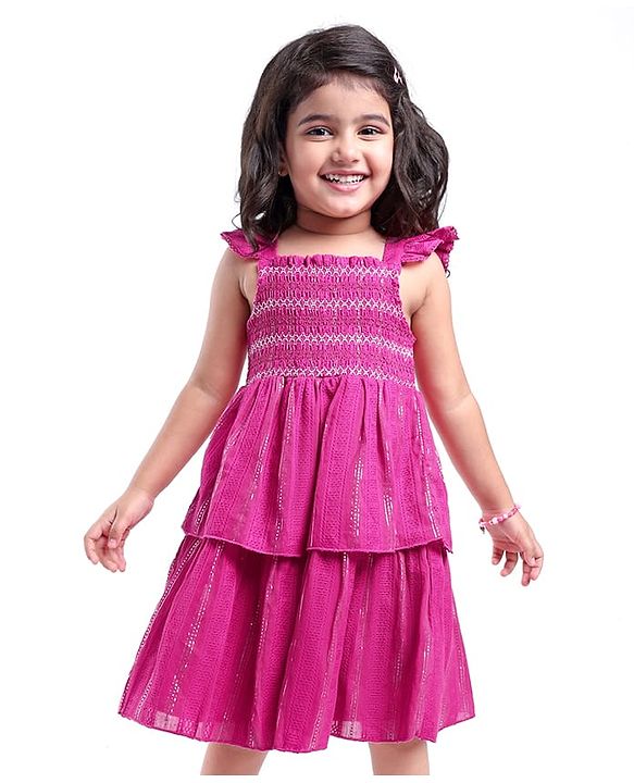 Babyhug Cotton Woven Frill Sleeves Layered Frock with Smocking - Pink