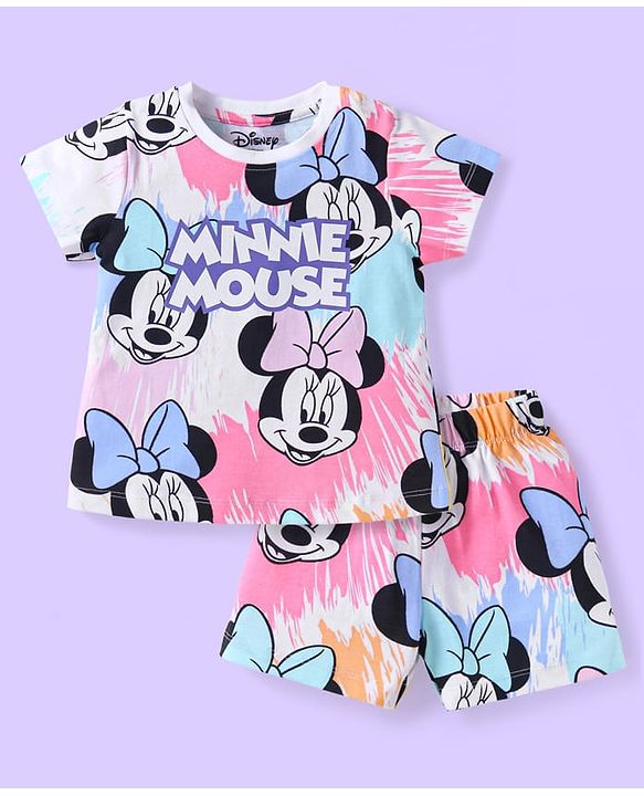 Babyhug Disney Single Jersey Knit Half Sleeves Shorts Night Suit with Minnie Mouse Print - White