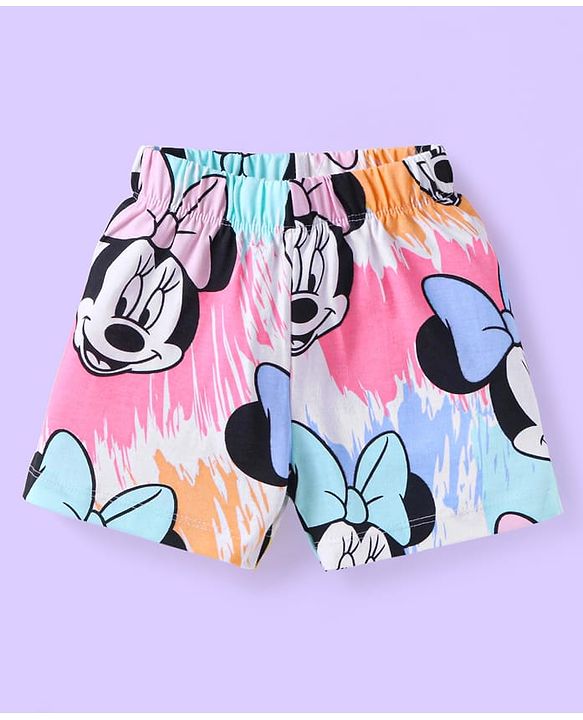 Babyhug Disney Single Jersey Knit Half Sleeves Shorts Night Suit with Minnie Mouse Print - White