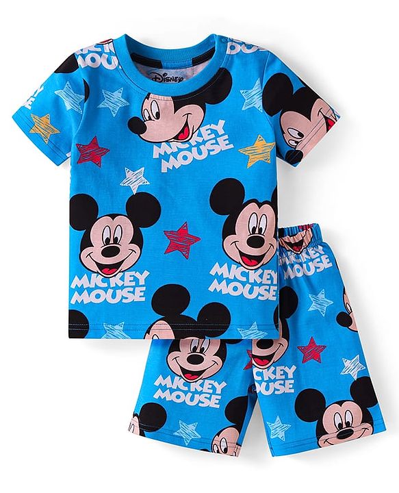 Babyhug Disney Single Jersey Knit Half Sleeves Shorts Night Suit  With Mickey Mouse Print - Blue
