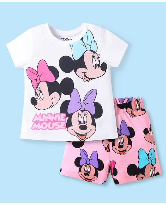 Babyhug Disney Single Jersey Knit Half Sleeves Shorts Night Suit with Minnie Mouse Graphics - Pink & White