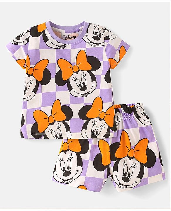 Babyhug Disney Single Jersey Knit Half Sleeves Shorts Night Suit With Minnie Mouse Print - White