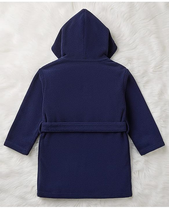 Babyhug Velour Knit Full Sleeves Bath Robe With Shark Embroidery - Navy Blue
