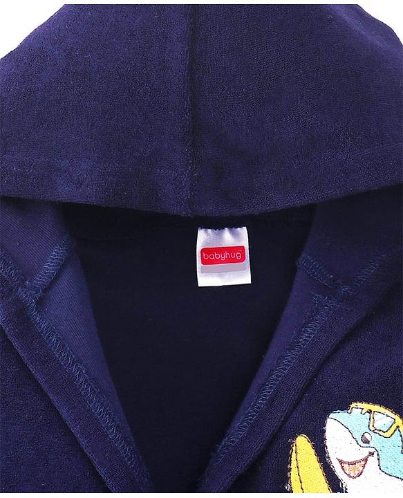 Babyhug Velour Knit Full Sleeves Bath Robe With Shark Embroidery - Navy Blue