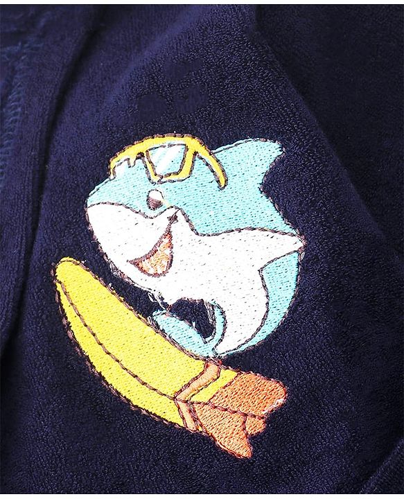 Babyhug Velour Knit Full Sleeves Bath Robe With Shark Embroidery - Navy Blue