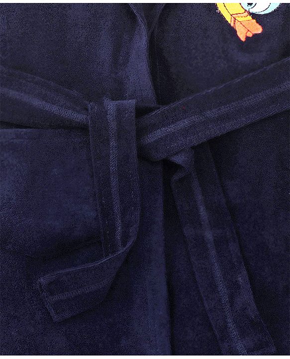 Babyhug Velour Knit Full Sleeves Bath Robe With Shark Embroidery - Navy Blue