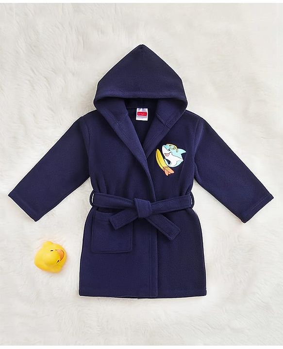 Babyhug Velour Knit Full Sleeves Bath Robe With Shark Embroidery - Navy Blue