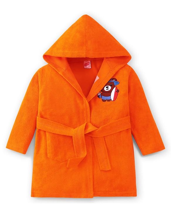 Babyhug Velour Knit Full Sleeves Bath Robe With Bear Embroidery - Orange