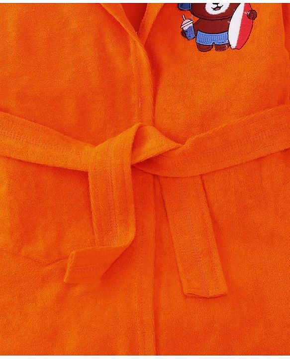 Babyhug Velour Knit Full Sleeves Bath Robe With Bear Embroidery - Orange