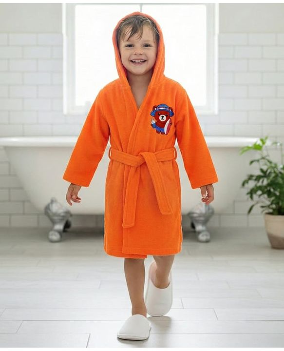 Babyhug Velour Knit Full Sleeves Bath Robe With Bear Embroidery - Orange