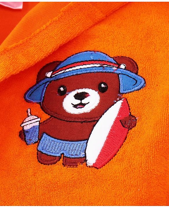 Babyhug Velour Knit Full Sleeves Bath Robe With Bear Embroidery - Orange