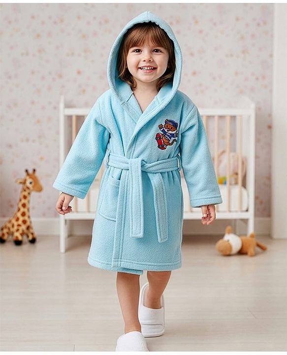 Babyhug Velour Knit Full Sleeves Hooded Bath Robe With Tiger Embroidery - Sky Blue