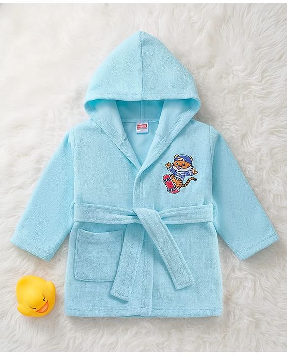 Babyhug Velour Knit Full Sleeves Hooded Bath Robe With Tiger Embroidery - Sky Blue
