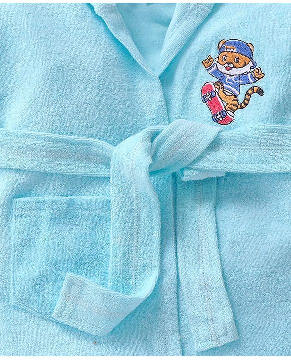 Babyhug Velour Knit Full Sleeves Hooded Bath Robe With Tiger Embroidery - Sky Blue