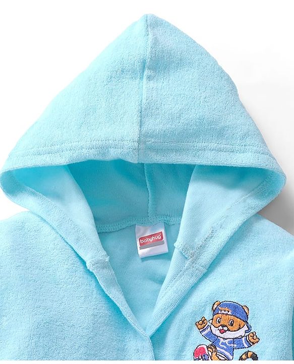 Babyhug Velour Knit Full Sleeves Hooded Bath Robe With Tiger Embroidery - Sky Blue