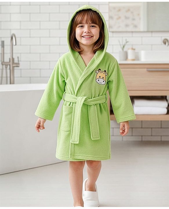 Babyhug Terry Knit Full Sleeves Hooded Bath Robe with Giraffe Patch - Green